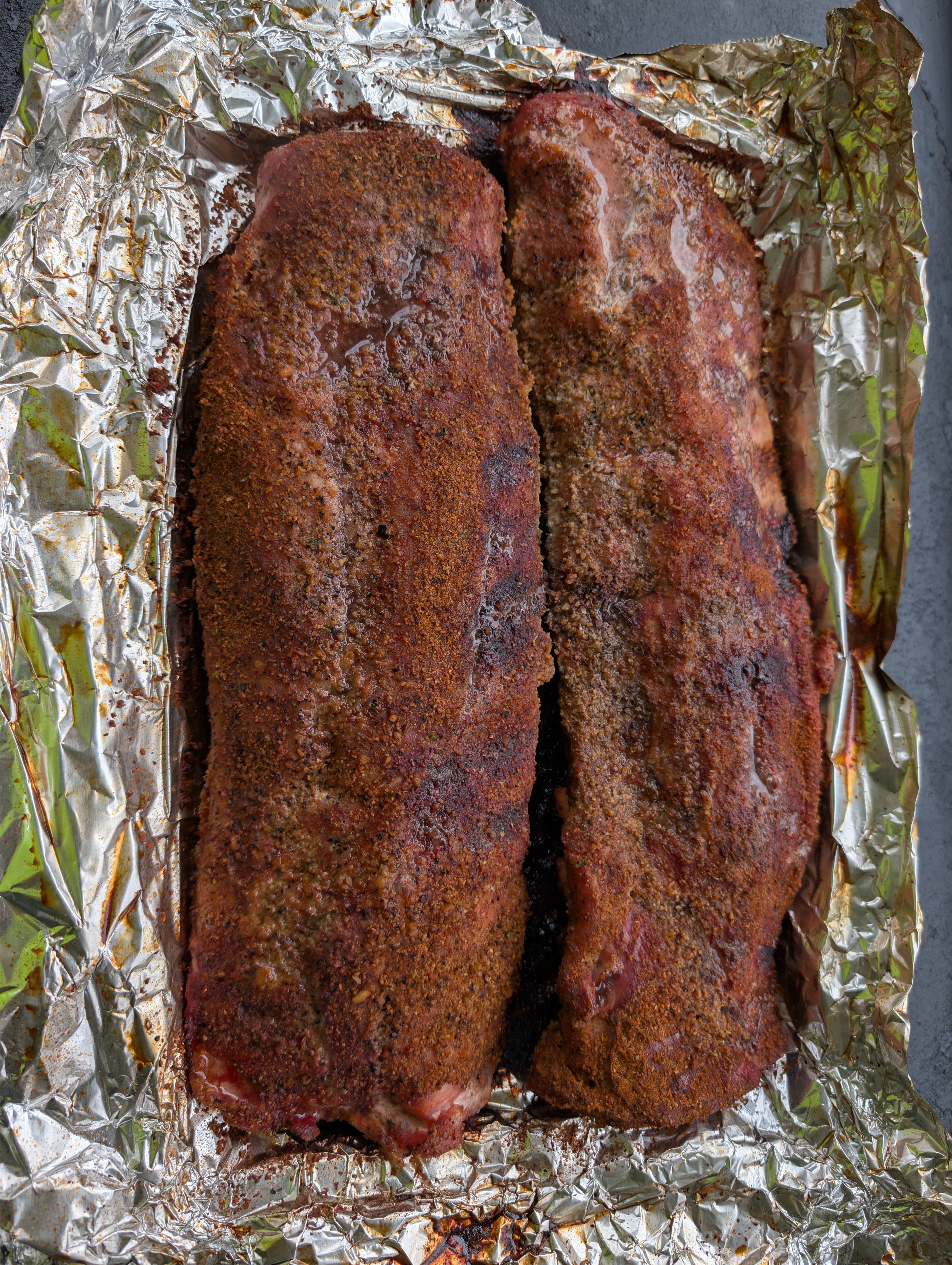 Ribs after the first three-hour smoke phase on the Pit Boss